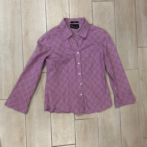 Style & Co. Petite Lilac Diamond Check Jacquard 34 Sleeve Button Top Blouse 6P C - Picture 1 of 8